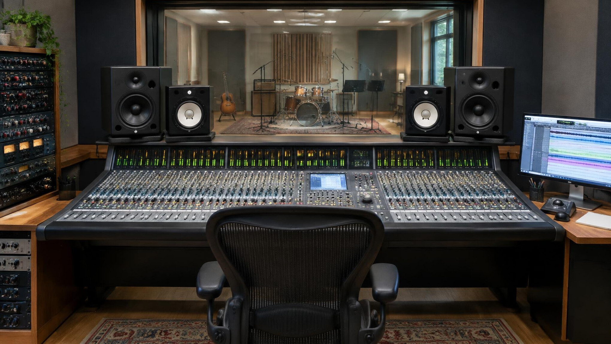 Audio control room with a large mixing console