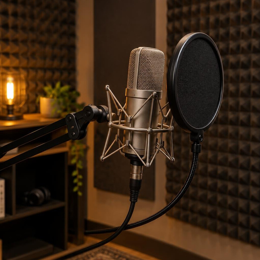 Studio microphone with pop filter in a recording room