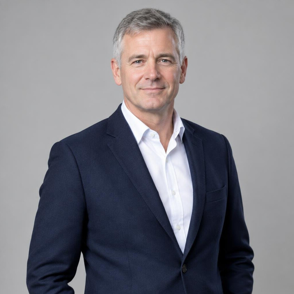 Portrait of a British man in his forties in a navy blazer