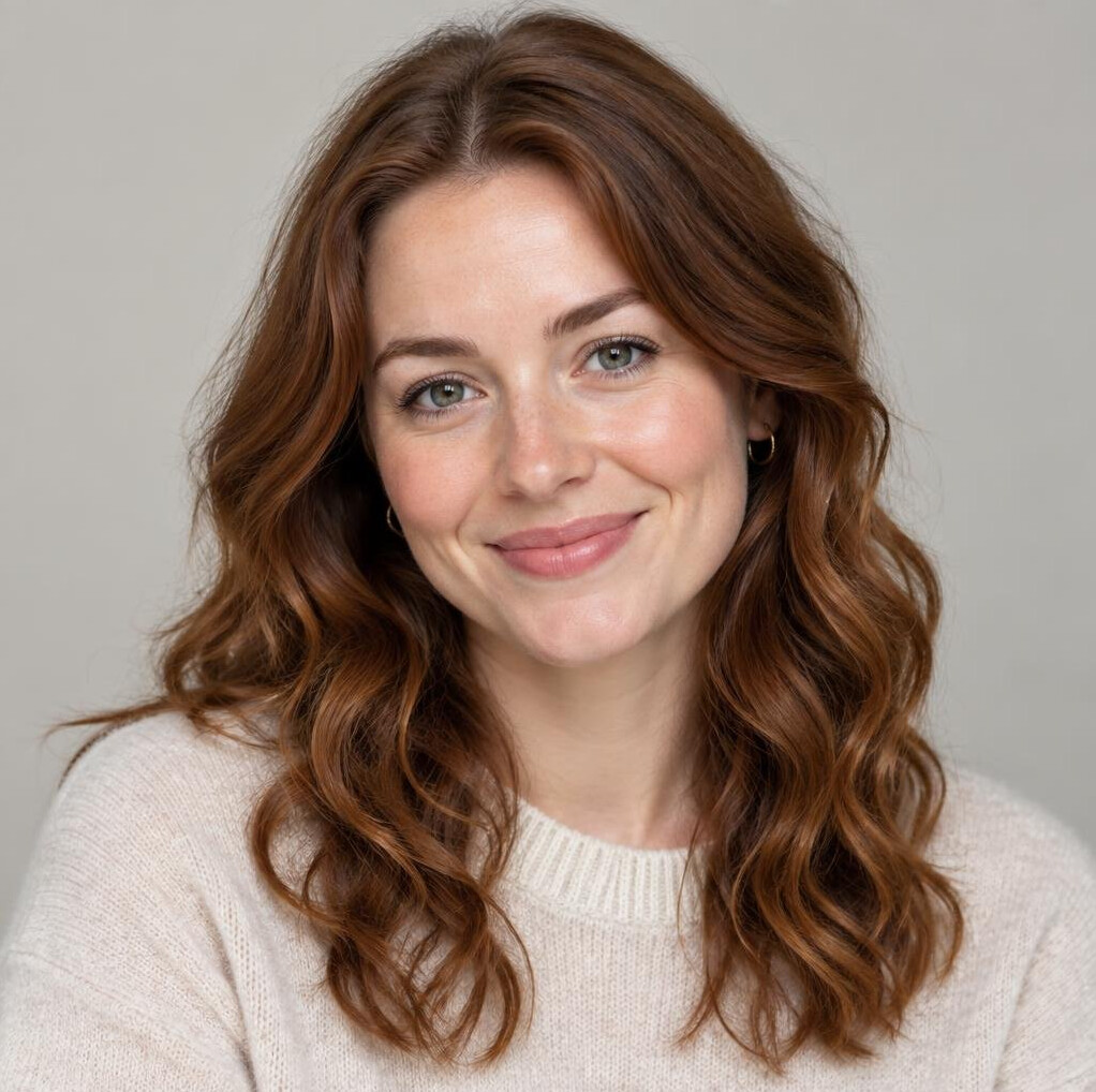 Portrait of a smiling white woman in her late twenties with wavy hair