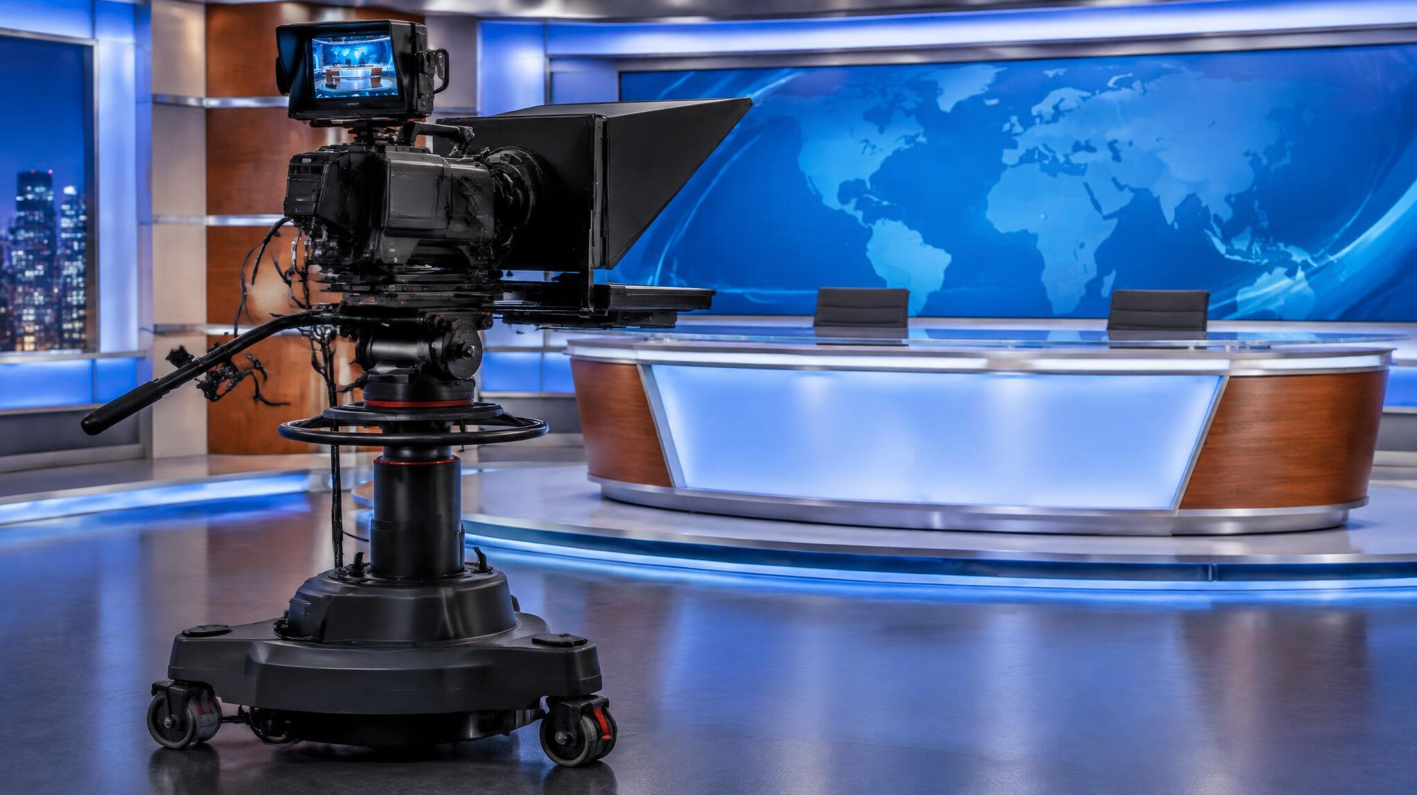 Camera on a studio pedestal ready for a live show