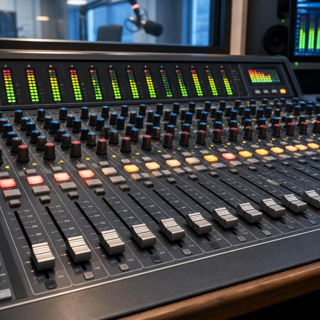 Audio mixing desk with faders and meters