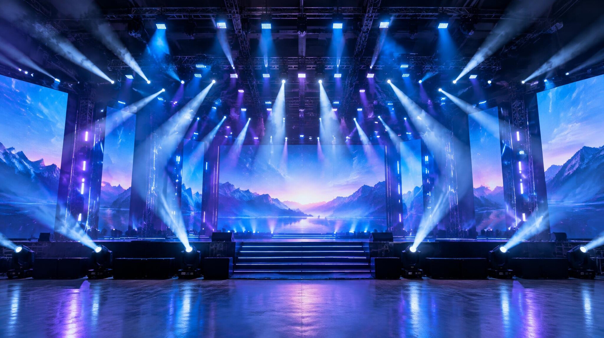 Stage with professional lighting and large screens